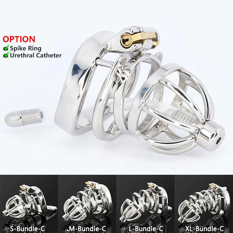 Male Stainless Steel Cock Cage Penis Ring Sleeve Chastity Device Belt with Catheter Spikes Lockable Adult Sex Toys for Men S0824