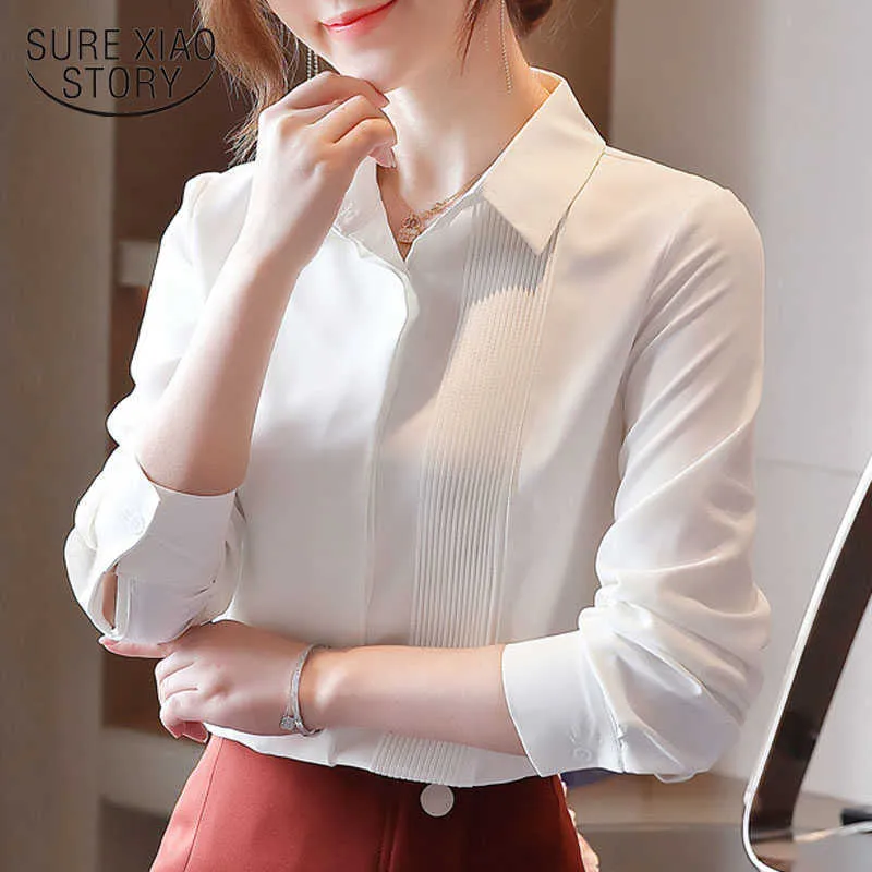 Vrouwen shirt klassieke chiffon blouse vrouwelijke elegante witte losse lange mouwen shirts dame eenvoudige stijl tops kleding Blusas 10857 210528