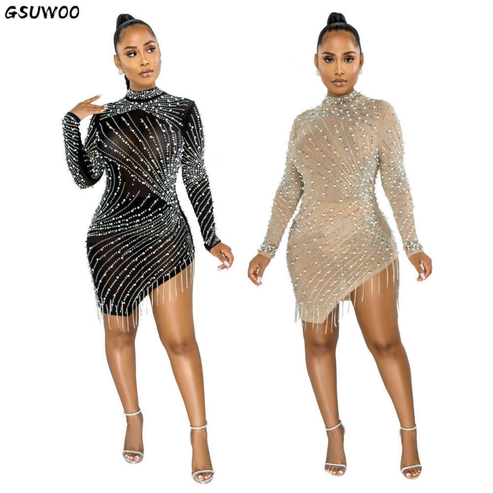 GSUWOO High Neck Bead Chain Fringe Diamond Mesh Dresses Women Long Sleeve Irregular Sheer Mini Dress for Party Night Club S-XXL 211116