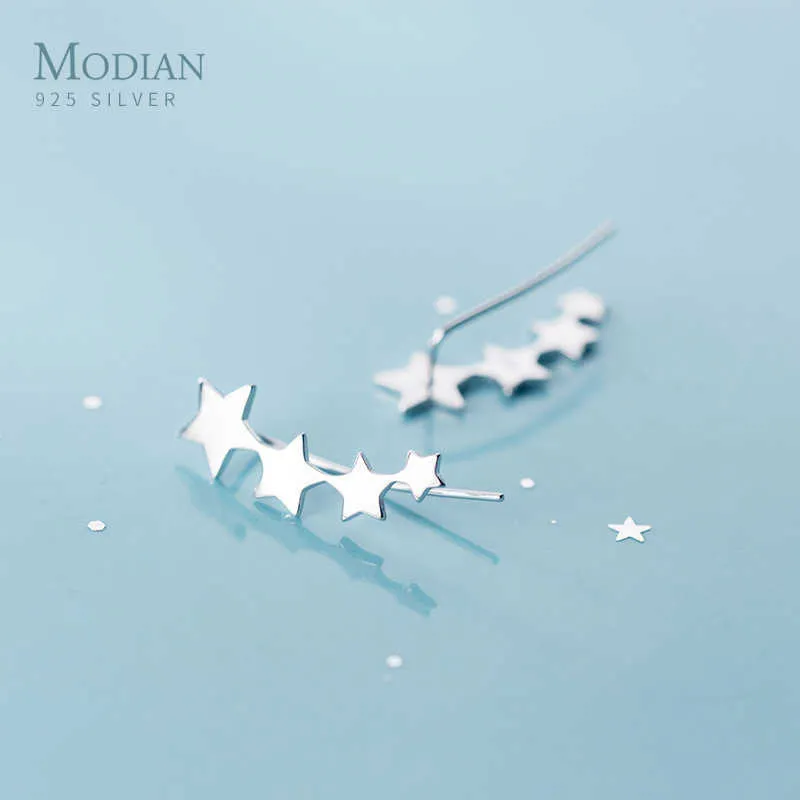 925 Sterling Silver Glossy Stackable Stars Row stud Earring for Women Fashion Simple Gold Color Ear Pin Jewelry 210707