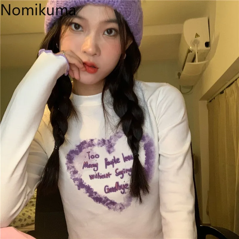 Nomikuma Korean Slim Fit T Shirts Women O Neck Long Sleeve Tshirts Female Printed Casual Basic Crop Tops Chic Camisetas 210514