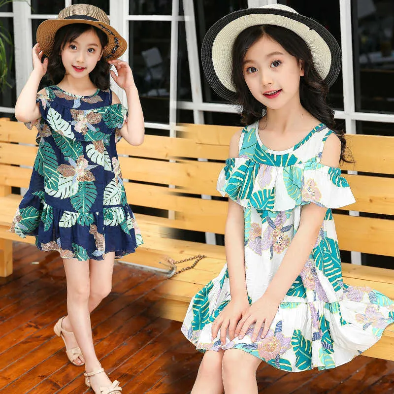 Giirl sling vestido 2020 novo verão crianças moda meninas folha impressão lazer criança roupas chicote q0716