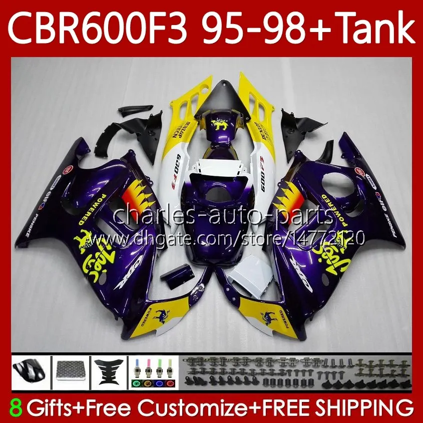 Body+Tank For HONDA CBR 600F3 600 F3 CC 600FS 97 98 95 96 Bodywork 64No.121 CBR600 FS CBR600F3 CBR600FS 1997 1998 1995 1996 CBR600-F3 600CC 95-98 Fairings Kit purple glossy