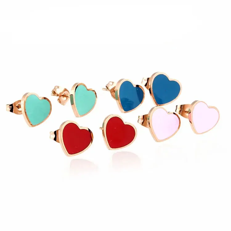 Women Enamel Green Pink Blue Red colors heart stud earrings, Stainless Jewelry RETURN TO Hearts charms Earring