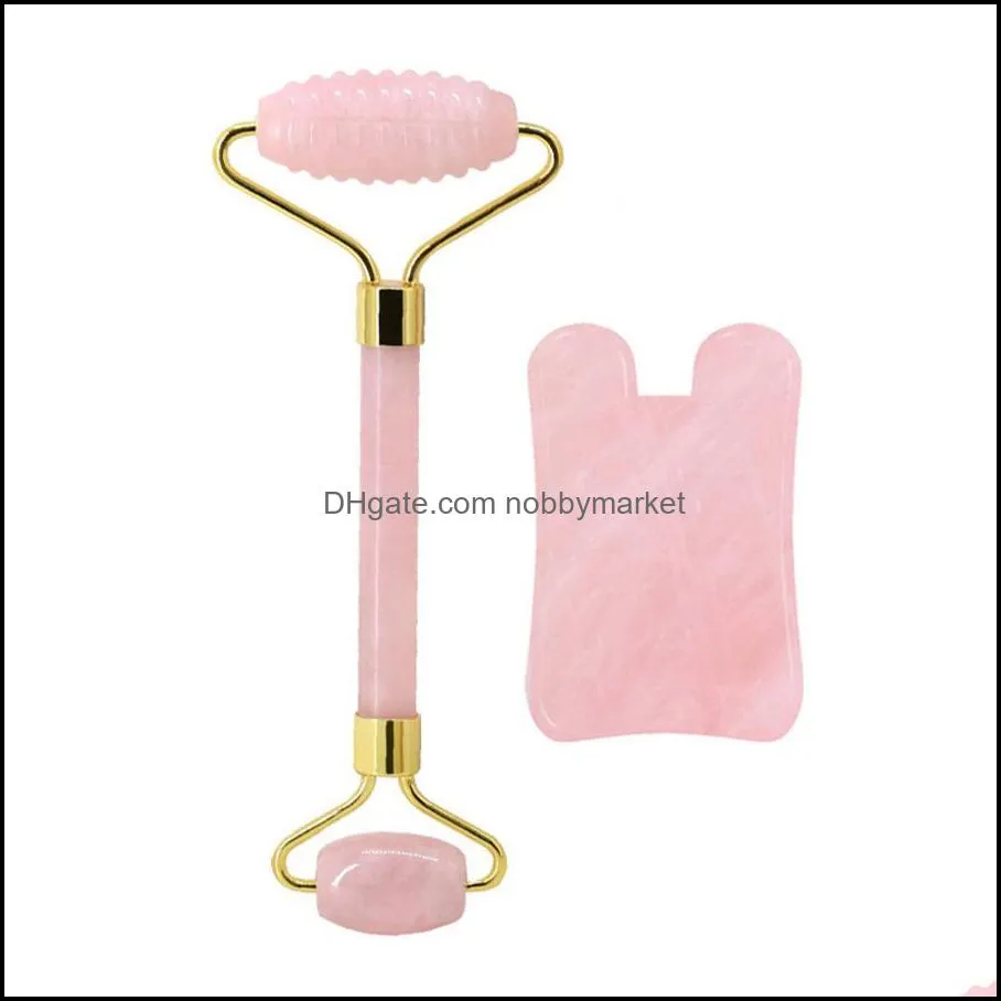 Quartz Face Rose Roller Pink Crystal Jade Designer Massage Tool Guasha Board Scraper Set Massager with Spikes 8IOP