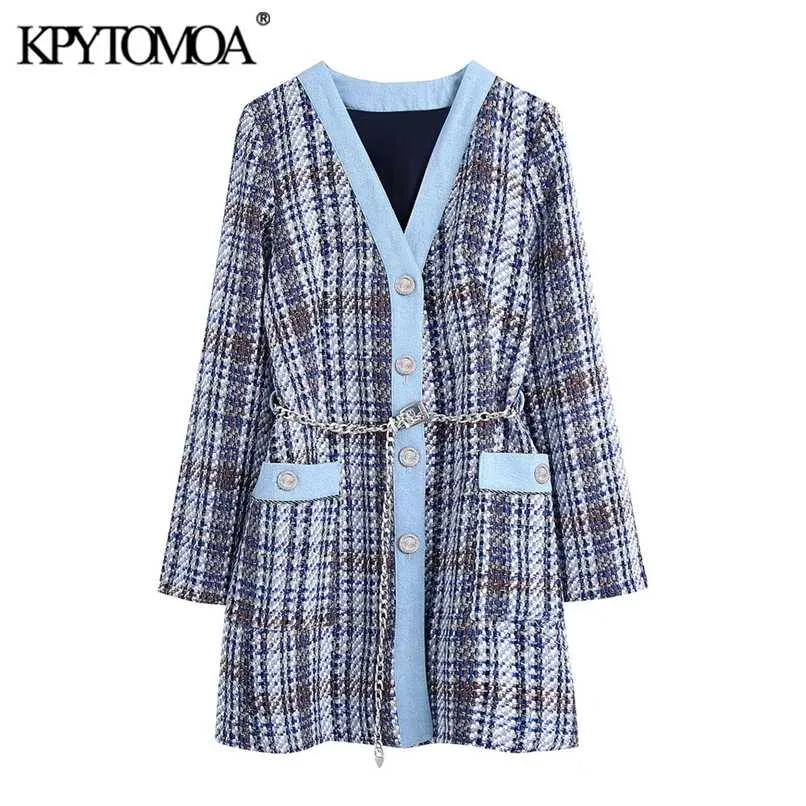 KPYTOMOA Women Fashion With Chain Belt Patchwork Denim Tweed Jacket Coat Vintage Long Sleeve Pockets Female Outerwear Chic Tops 211109