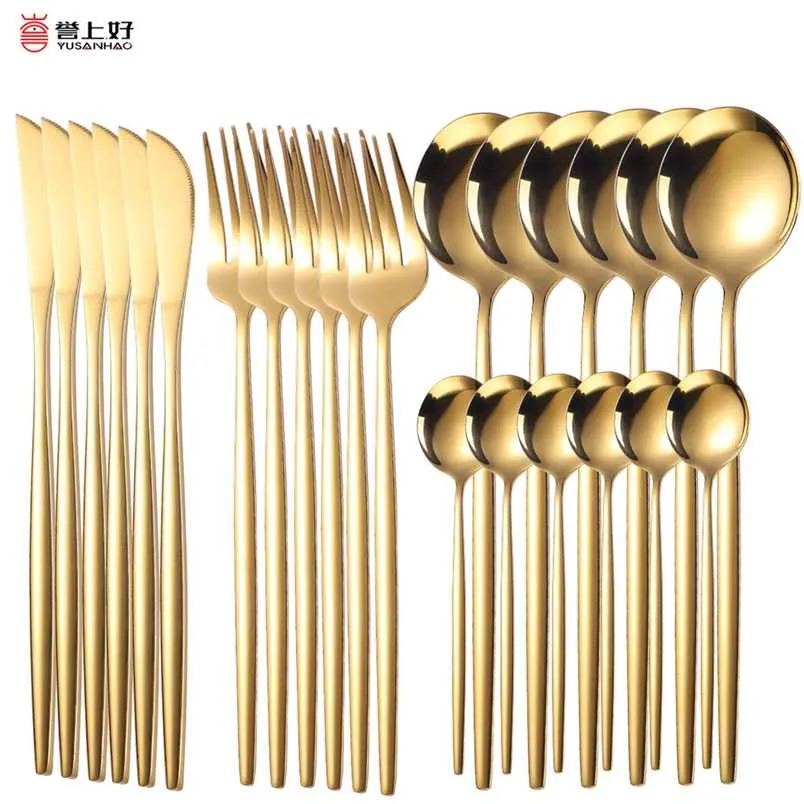 18/10 Gold Dinnerware Set 24 Pcs Aço Inoxidável Faca De Talheres Forquilha De Forquilha De Forquilha Flatware Máquina De Lava Seguro Cutelaria Caixa de Presente 211112