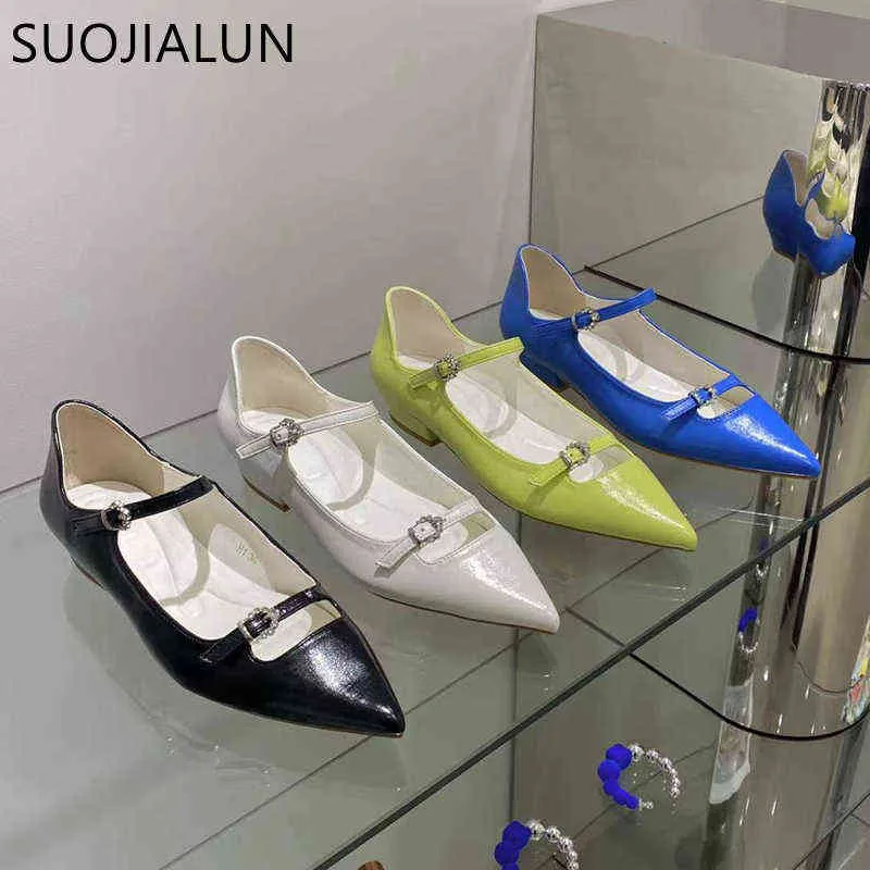 Dress Shoes Suojialun Primavera Nuove donne Appartamenti Diapositive poco profonde a punta Punta Strass Fibbia Slip Slip on Ladies Elegante Ballte Sho 220303