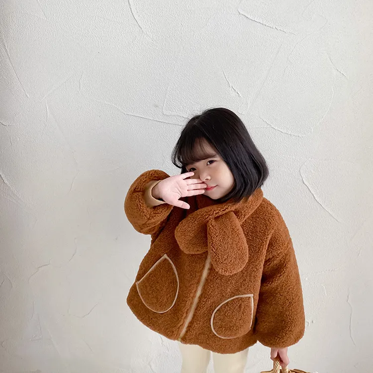 Winter cute girls fashion loose big pocket woolen quilted jackets with scarf Kids baby girl thicken warm oversized zipper coats 210508
