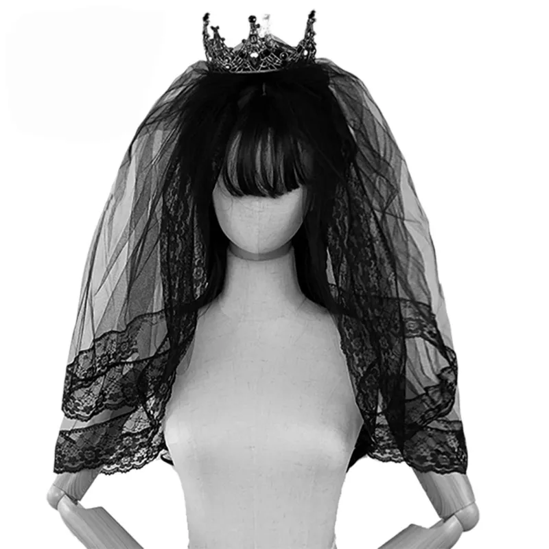 Vintage black mesh double layer hair clip veil with embroidered hem gothic Black Bridal Veils Bow with Hair Clips Brides Veil Long  main image 3