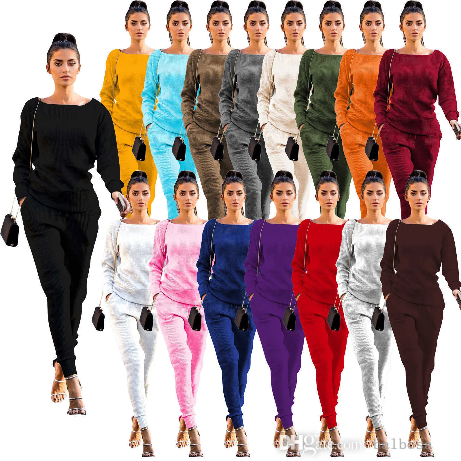 Designer Femmes Survêtements De Sport Solide Couleur 2 Pièce Ensemble De Mode À Manches Longues Col Carré T-shirt Pencli Pantalon Jogging Costume Automne Hiver Vêtements