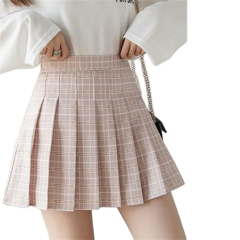 OEM Spring Summer Women Skirts Student Girl Striped Pleated Waist Female Sweet Mini Dance Plaid Black White Pink Skirt 210619