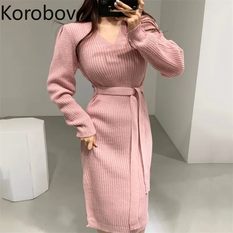 Korobov Vintage Office Lady Elegant Kvinnor Knitwear Klänning Koreansk V Neck Långärmad Sticka Vestidos Nya A-Line Dresses 210430