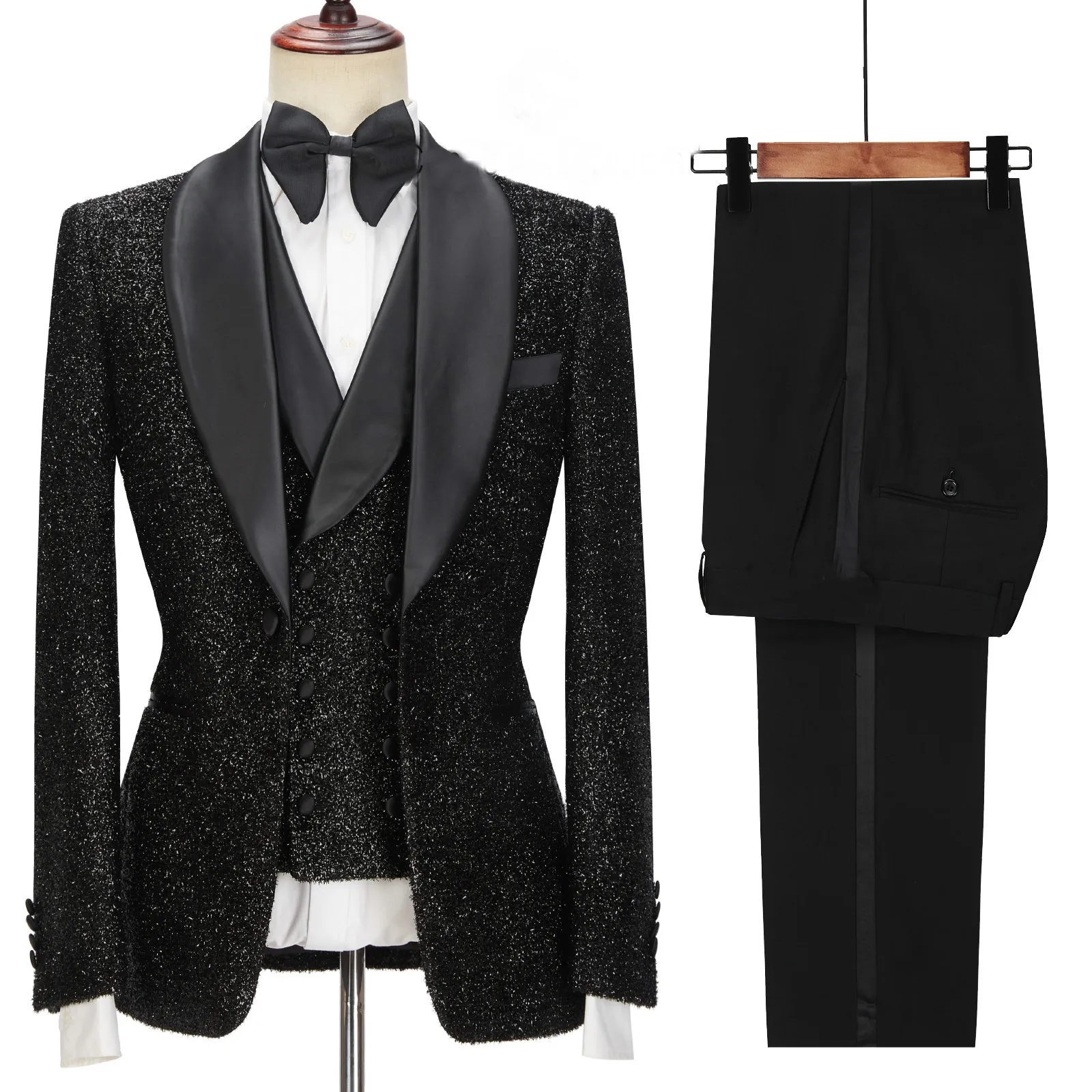 Dernières conceptions de pantalons de manteau mode noir brillant hommes costumes pour mariage marié Tuxedos Slim Fit Terno Masculino Prom Party 3 pièces