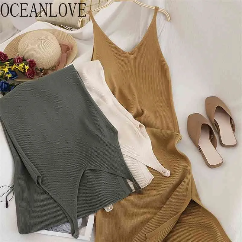 OCEANLOVE V Cou Solide Tricoté Robes Casual Tout Match Simple Mode Coréenne Femmes Robe Élégante Robes Nouveaux Vêtements 15517 210323