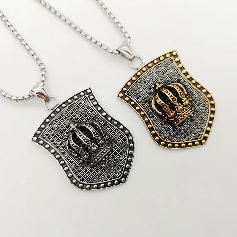 Мужчины из нержавеющей стали HIP Hop Cook Punk Ocklace Bling Полные кристаллы Винтаж Корона Shield Подвеска Ювелирные Изделия Ожерелья