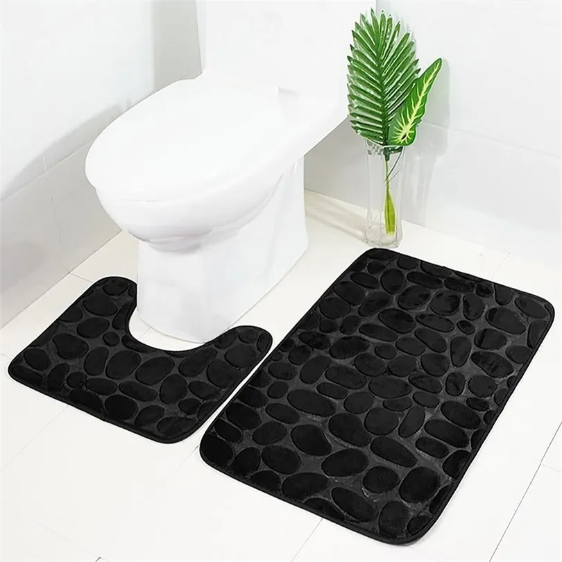 50x80cm Cobblestone Fleece Badkamer Memory Foam Rug Kit Toilet Bad Antislip Matten Vloer Tapijt Set Matras voor Decor 211026