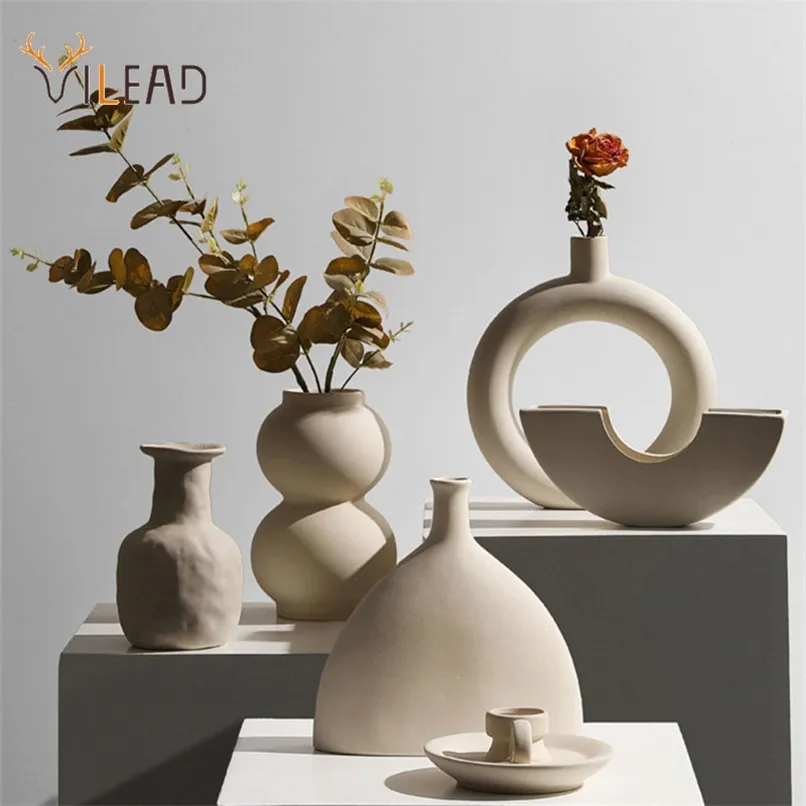 VILEAD Céramique Nordic Flower Vase Figurines pour intérieur Pot moderne Support Planteur Accueil Salon Decoraiton Accessoires 211130