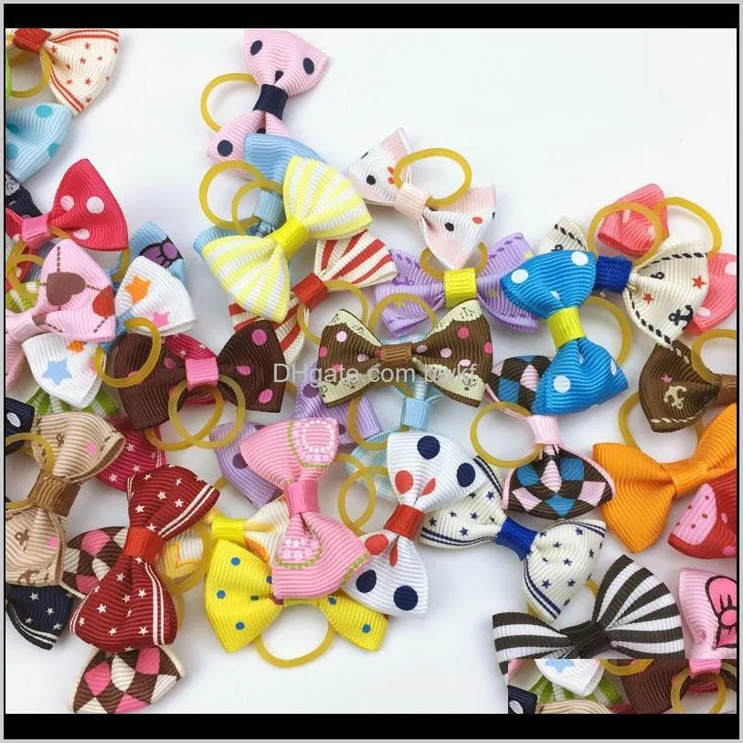 (100 pieces/lot) cute ribbon pet grooming accessories handmade small dog cat hair bows with elastic rubber band 121 colors 201127