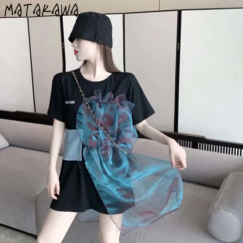 Matakawa Short-Sleeved T-shirt Kvinnor Denim Mesh Stitching Cotton Woman Tshirts Summer Folds Oregelbundna T-shirts för kvinnor 210513