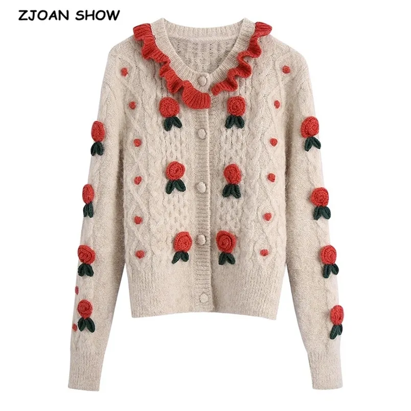 Vintage Francuski 3d Crochet Kwiaty Dzianiny Kardynanie Kawaii Drewniane Uszy Wzburzyć Boże Narodzenie Sweter Płaszcz Kobieta Z Długim Rękawem Krótki Jumper 210429