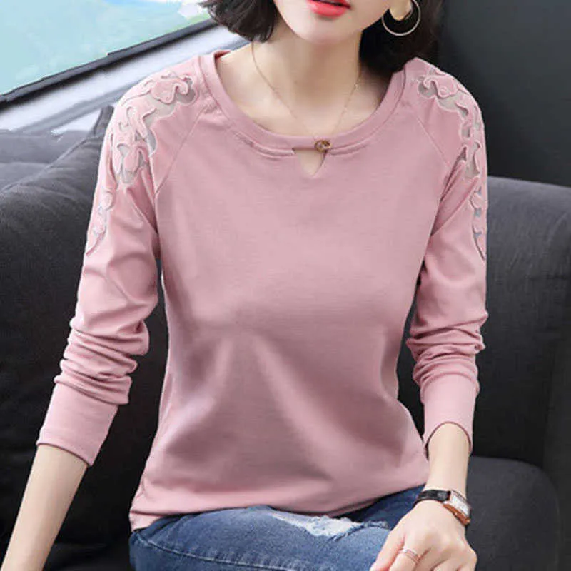 Hol Simple Style Dames Lente Herfst T-shirts Dame Casual Slanke O-hals Bloem Gedrukt Tees Shirt Tops DF2113 210609