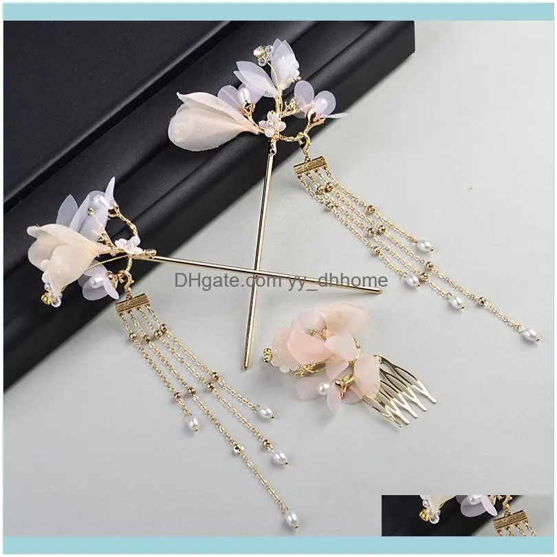 Hårsmycken Jewelyhair Clips Barrettes Simple Super Fairy Fashion Women Pins Flower Tassel Step Shake Comb Set Antique Wedding AE