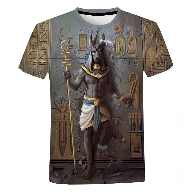 Retro stil Ancient Horus Egyptisk Guds Egypten Farao Anubis 3D T-shirts Män Kvinnor Harajuku Rolig Kortärmad 210629