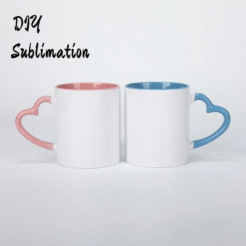 DIY Sublimation 11 oz tasse à café avec poignée en forme de coeur en céramique 320 ml tasses en céramique blanche revêtement intérieur coloré spécial poterie d'eau FY4652