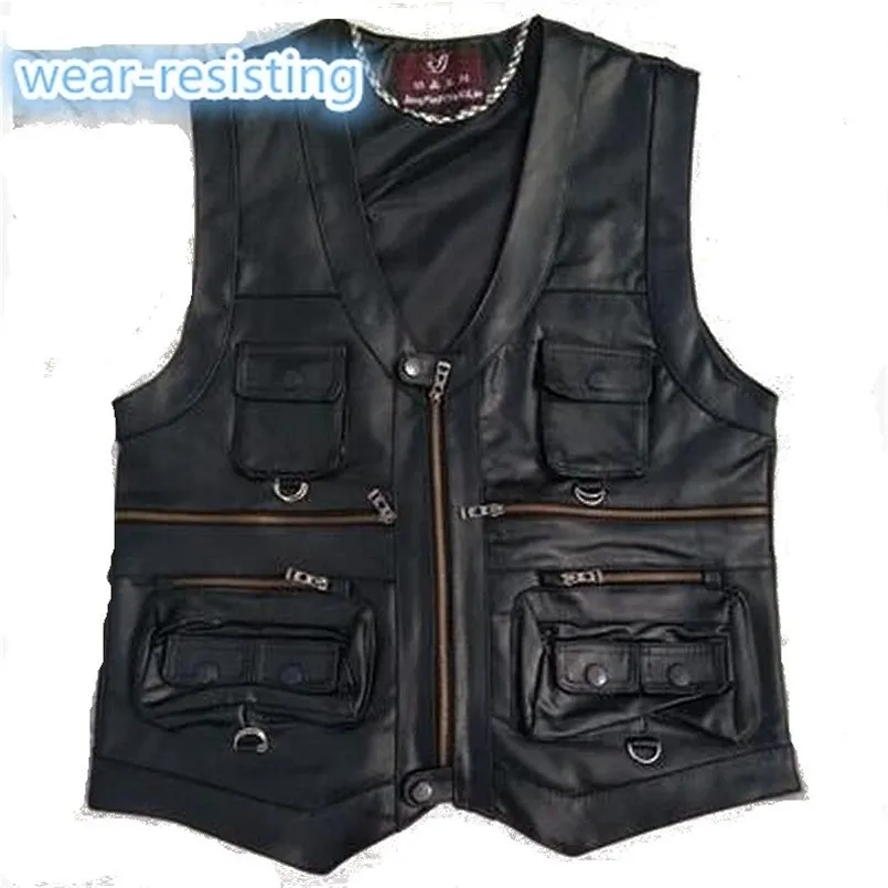 gentlement leather vest male slim commercial male leather vest sheepskin leather men vest waistcoat with many pockets 211104