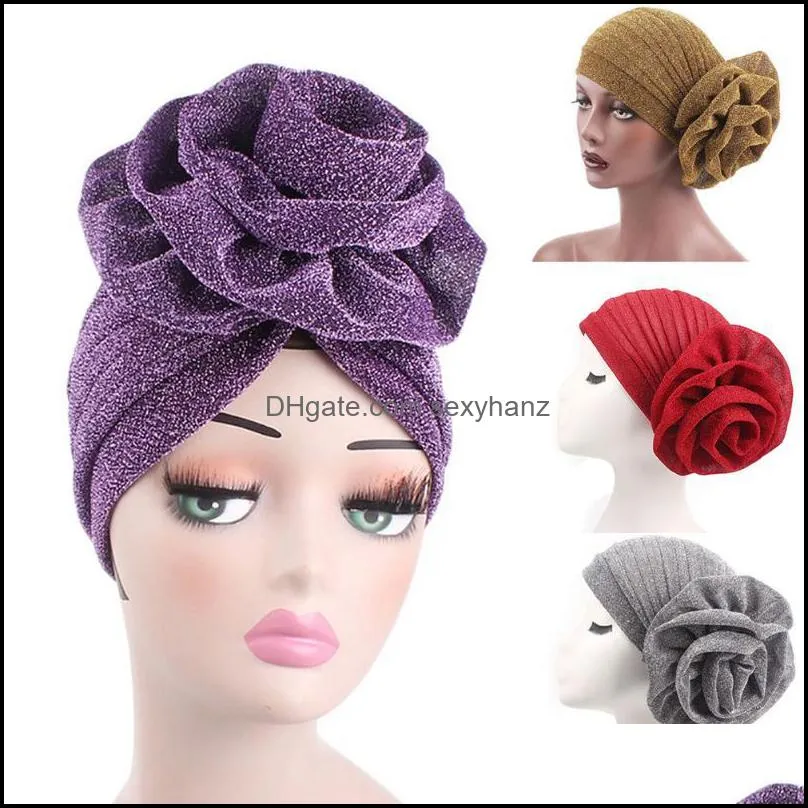 Women For Cancer Casual Accessories Elegant Flower Hair Loss Muslim Hats Headwear Beanie Stretch Solid Glitter Chemotherapy Cap1