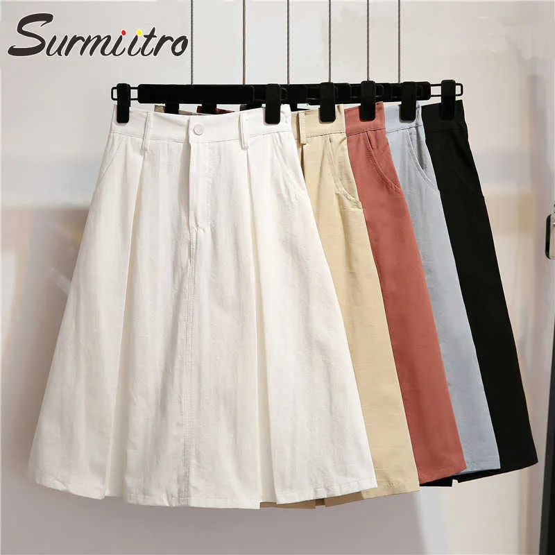 Surmiitro Solid Midi Skirt Kvinnor Vår sommar knä längd Hög midja Skola Skirt Röd Blå Svart Vit A-Line Kjol Kvinna 210712