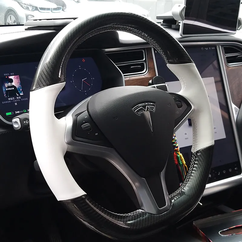 Innen 5D Schwarz Carbon FiberWeiß PU Leder Lenkrad Hand Nähen Wrap Abdeckung Fit Für Tesla Model S Modell X 2016-2020