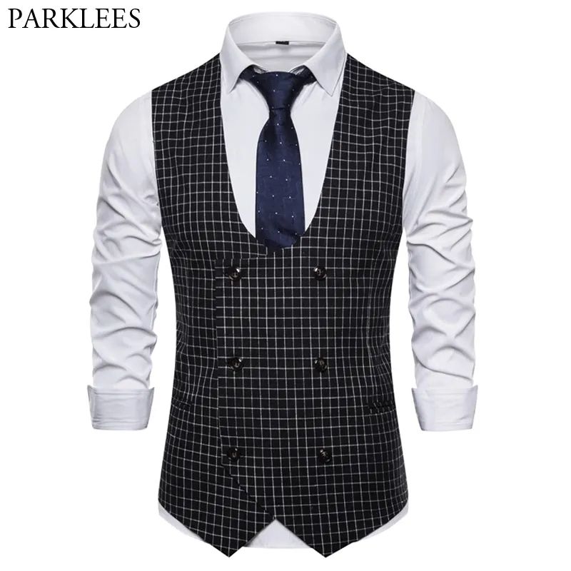 Mens Classic Plaid Suit Vest Brand Double Breasted Dress Västar Män Slim Fit Busienss Formell Bröllop Tuxedo Waistcoat Man 210522