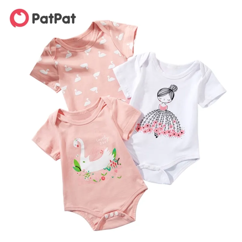 3パック赤ちゃん白鳥または女の子プリント0-12Mコットンジャンプスーツ服210528のための半袖ロンパース