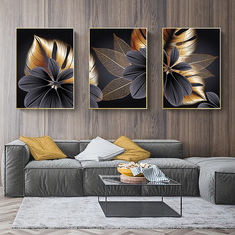 Golden Black Plant Leaf Canvas Poster Print Modern Home Decor Abstract Wall Art Painting Nordic Living Room Fashion Decoration Picture