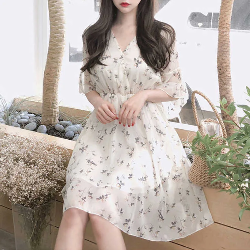 Vintage Fairy Floral Dres Korean Puff Sleeve V-Ausschnitt Mini Weibliche Sommer Casual Chiffon 210604