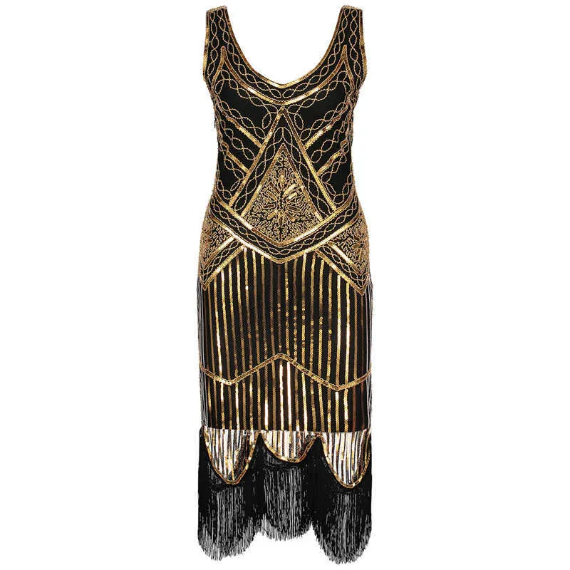 Embellie Art Déco 1920s Robe de Flapper Vintage rugissant 20s Grande robe de costume Gatsby frangé de soirée paillettes perlées x0705