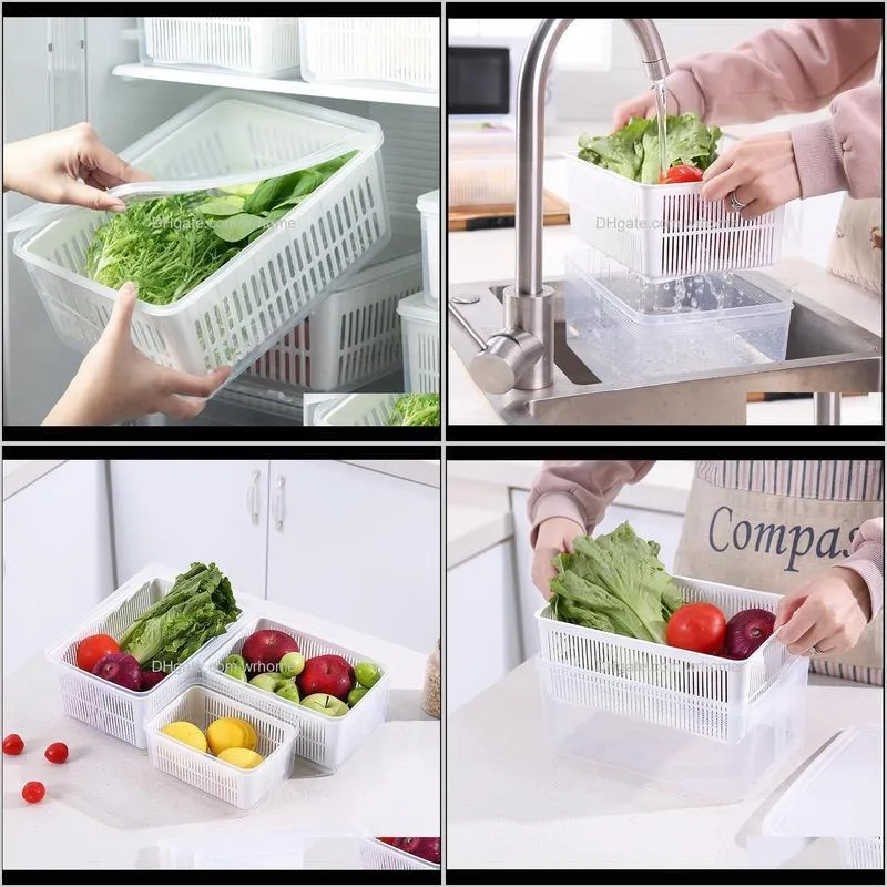 Drain Refrigerator Storage Box Fruit And Vegetable Preservation Kitchen Finishing Plastic With Cover Bottles & Jars