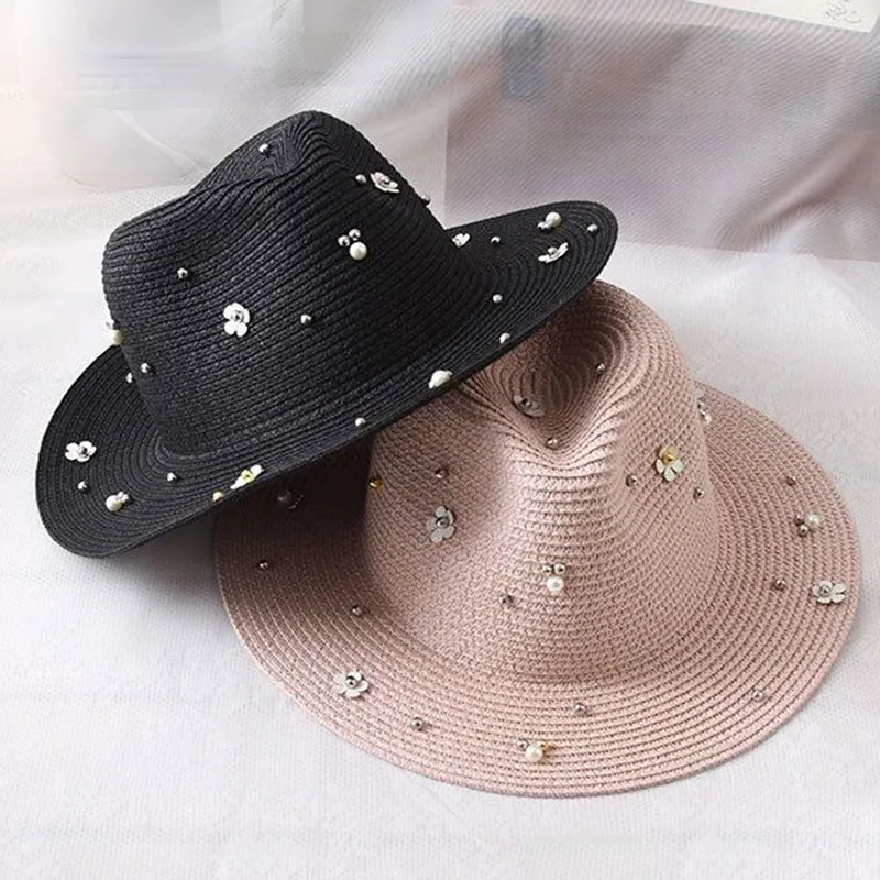 2023 Spring New Ladies Hat Wide Brim Jazz Panama Sun Visor Flower Pearl Rivet Straw Hat275p