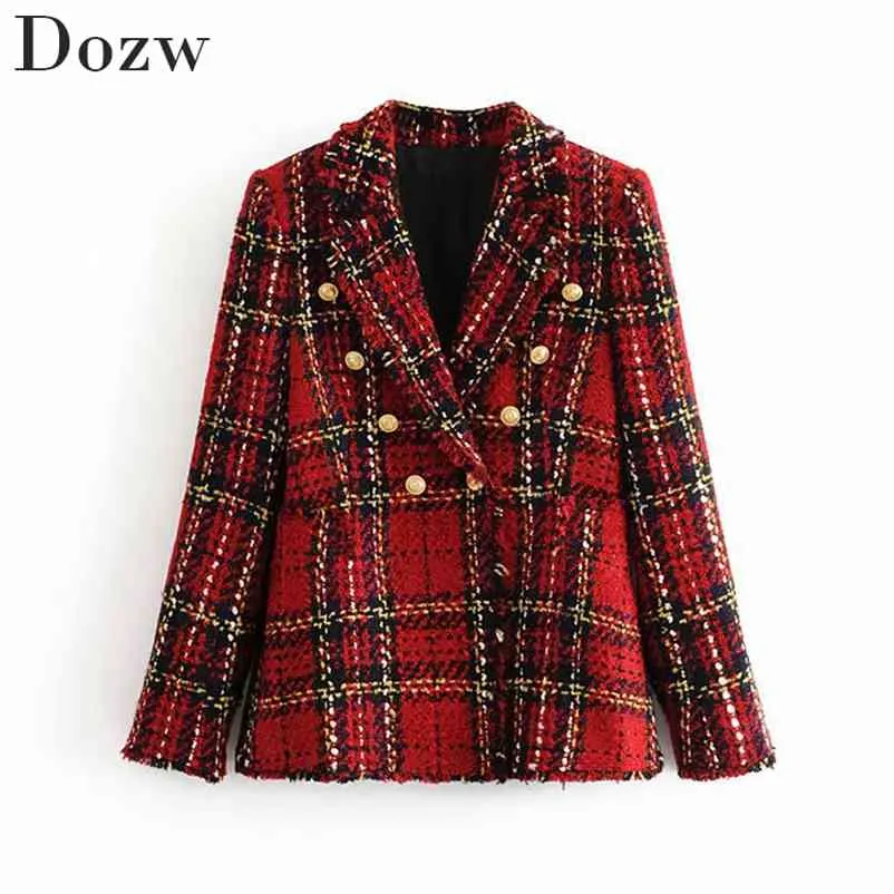 Blazer scozzesi da donna doppiopetto Moda nappa Colletto dentellato Abiti da ufficio Giacca da donna manica lunga Giacca autunno Feminino 210515