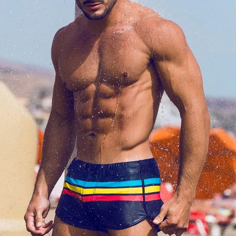 Men's Swimwear Rainbow Stripes Swimsuit Men Sexy Swimming Wear Bathing Trunks Padded Gay Beach Surfing Bath Suit