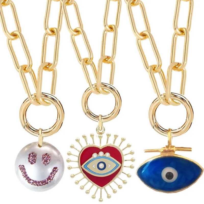 2022 chunky chain round spring clasp pave crystal smile face red enamel heart evil eye charm Men women Pendants Necklace Jewelry