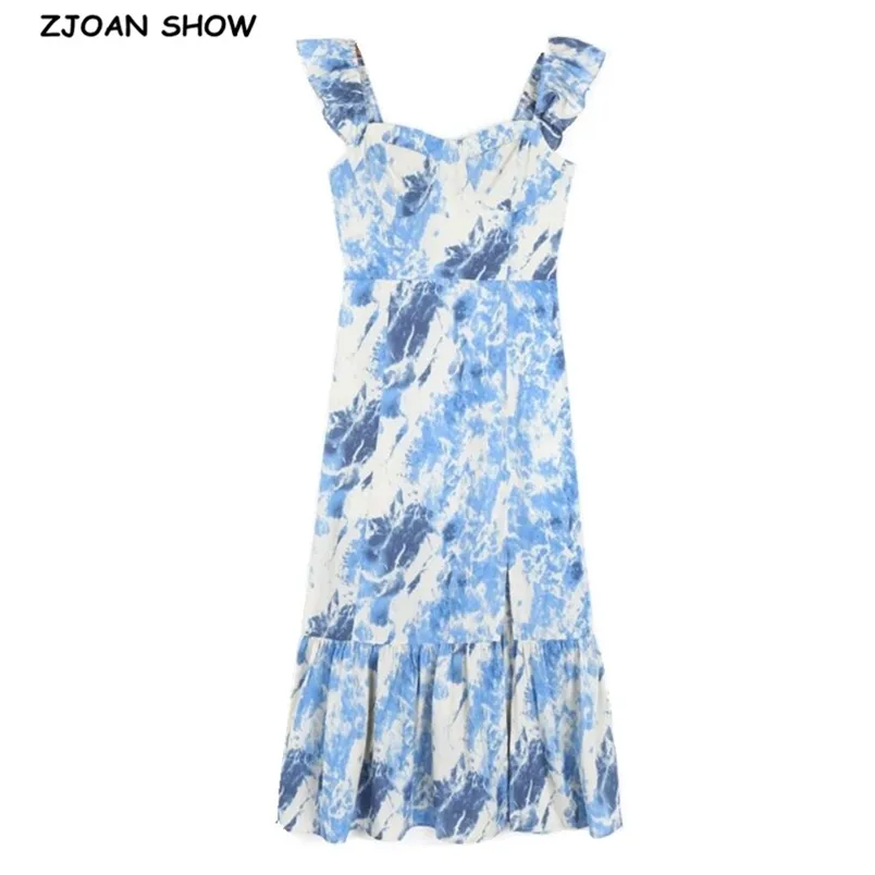 França Estilo Azul Branco Gravata Tintura Print Wood Orelhas Espigas Ruffles Hem Midi Vestido Retro Sexy Mulheres Elastic Slim Sling Chá 210429