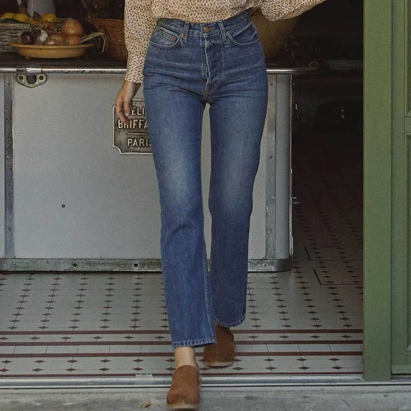 Jeans feminino clássico jeans calça -calça alta cintura bodycon rua longa casual 2021 chique bolsos elegantes calças retas calças femme