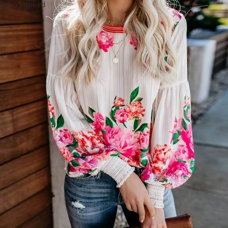 Boho Inspired Valencia Rose Gedrukt Blouse Ontspannen Fit Lange Mouw Shirt Boheemse Stijl Party Nieuwe Top 210317