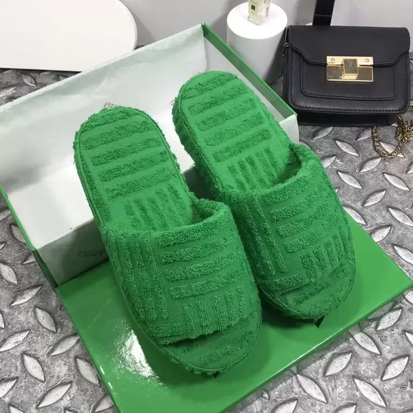 Fashion Slippers Sandals Womens Designer Slides Fabric Rubber Outsole Grass Green Sponge Thick Bottom Slipper Heel 3.5CM wedge sandal