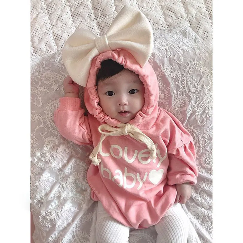 Baby Girl Clothes Big Bow Cappuccio con cappuccio Body nato per bambini Costume Bambini Toddler Cotton Autunno Inverno Tuta 210429