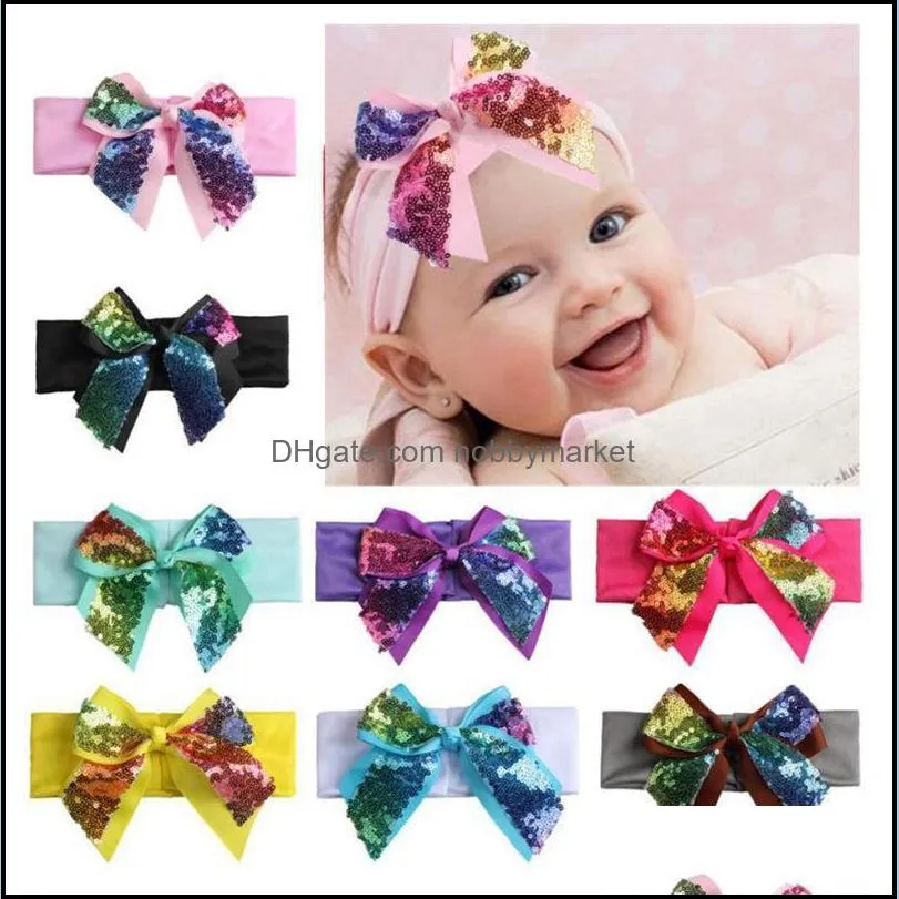 2020 Sequin Bowknot Baby Headband Elastic Newborn Hairband Bow Girls Turbans Infant Headwear Fashion Kids Hair Accessories 9 Colors