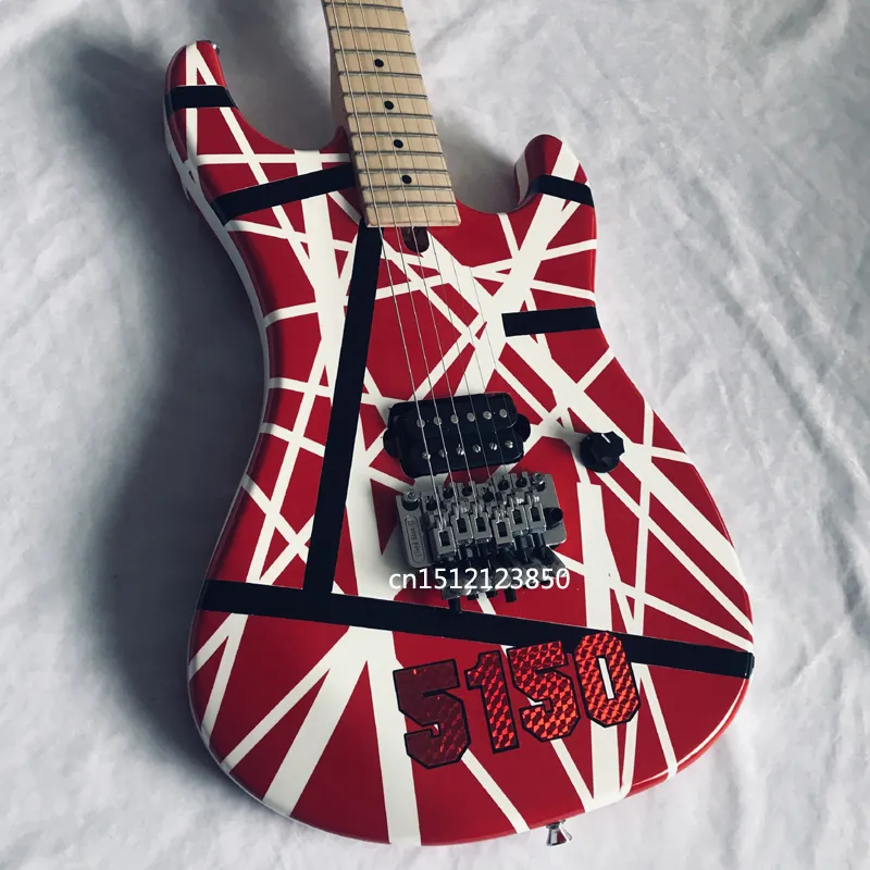 Eddie Van Halen 5150 Guitarra Elétrica Vermelha de 6 Cordas / Listra Preta Branca / Ponte Floyd Rose Tremolo /